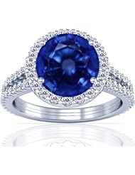 14K White Gold Round Cut Blue Sapphire Ring With Sidestones (GIA Certificate)