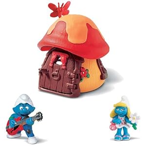 Schleich Smurfs Mushroom Red Cottage with Smurfette with Flowers and Lead Guitar Player... by 