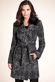 Notch Lapel Fur Collar Midi Animal Print Coat with Wool