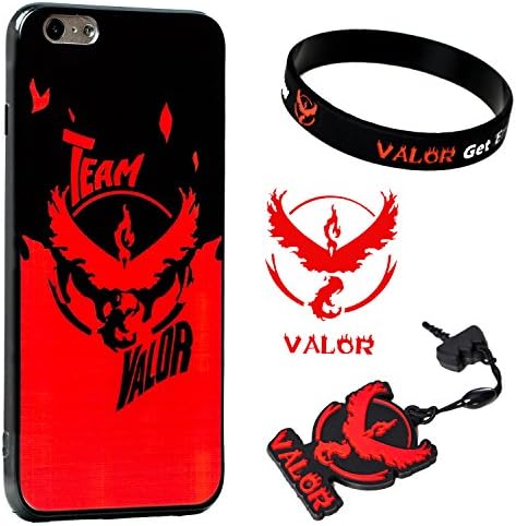 iPhone 6 / 6S Case w/ Pokemon Go [Team Valor Theme] Red (1) + Silicone Bracelet (1) + Audio Plug Charm (1) + 2"Decal