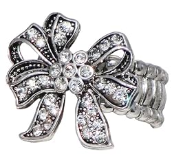 Hot Fashion Bling Bow Ring - Ice Crystals & Adjustable Free Size Rolex Back