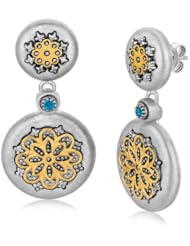 18K Yellow Gold and Sterling Silver Round Drop Earrings