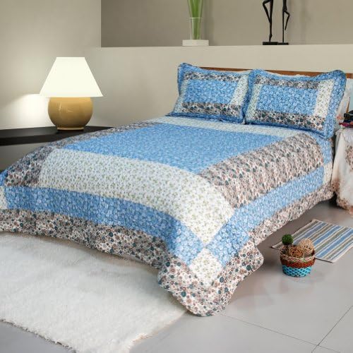 [Cruise Collection] Cotton 3PC Floral Vermicelli-Quilted Patchwork Quilt Set (Full/Queen Size)