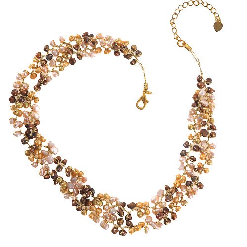 multi strand pearl necklace-Chuvora Genuine Multi-Colored Fresh Water Cultured Pearl 2-Strand Gold Silk Thread Necklace Images