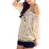 Allegra K Ladies Beige Scoop Neck Half Sleeves Lace Shirt M w Tank Top