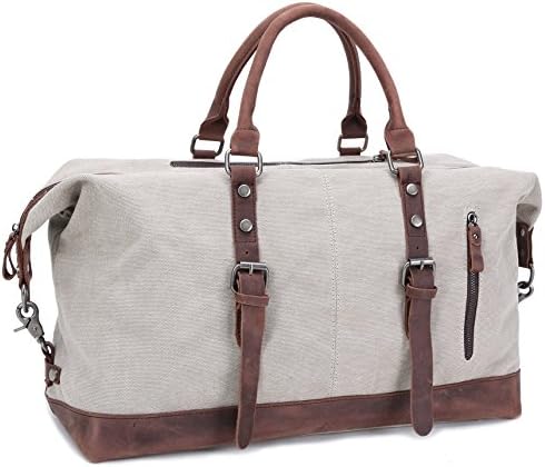VANZ Travel Tote Duffel Bag Canvas Leather Trim Luggage Weekend Overnight Bag Creamy White