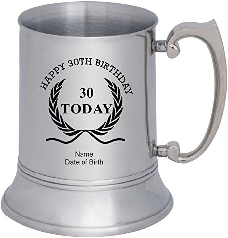 Personalised Laser Engraved 1 Pint Stainless Steel Tankard With Happy 30th Birthday Wreath Design