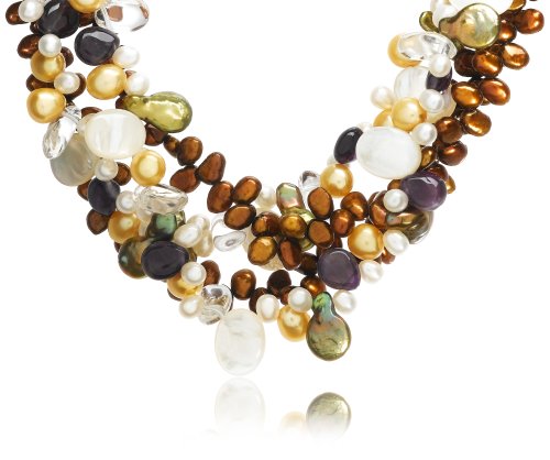 Sterling Silver 4-Row Coin Pearl, Amethyst, Mother-of-Pearl & Quartz Necklace, 16