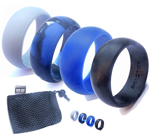 Men's Silicone Wedding Ring Band by B2ACTION. 4 Rings Pack (Black, Gray, Blue, Camo) with Gift Box
