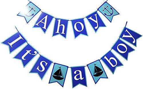 Lovarin New Design Anchor Sailor Themed Party Decorations Ideas Ahoy It's a boy Newborn Baby Bunting Banner for Baby Shower Birthday Party Favors Photo Prop Room Nursery Decoration - Blue