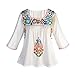 Women's Peasant Tunic Top - Embroidered Flowers White Cotton Blouse