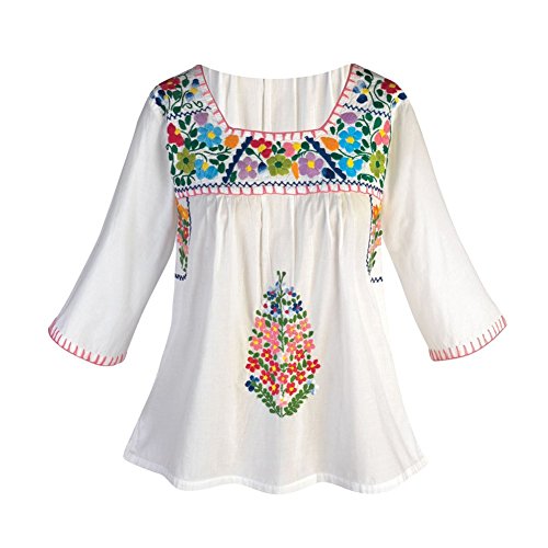 Women's Peasant Tunic Top - Embroidered Flowers White Cotton Blouse