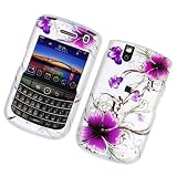 White with Purple Flower Design Snap on Hard Skin Shell Protector Cover Case for Blackberry Tour 9630 / Bold 9700 + Belt Clip + Microfiber Pouch Bag