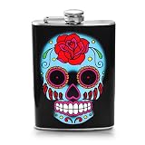 Screw-on Top Stainless Steel Wine Hip 8oz Flask - Skull with Rose - Flask Measures: Height:5.4 inches x Width: 3.4 inches x Thickness:0.75 inches.Personalized Design is available with a minimum of 20 pcs orders.