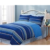 Queen Geo Stripes Blue Reversible Comforter Bedding Set