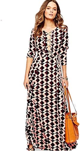 Maokoto Women's Lace Up Front Deep V Ncek Aztec Pattern Maxi Long Dress