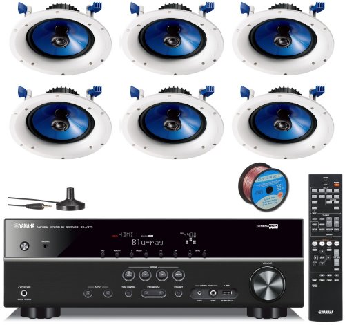 Yamaha 3D-Ready 5.1-Channel 500 Watts Digital Home Theater Audio Video Receiver with 4K pass-through, HD Audio Decoding, CINEMA DSP, Adaptive Dynamic Range Control, 40-Station Preset Tuning, Sleep Timer, Compressed Music Enhancer & USB Digital Port to Control, Charge & Play Your iPod, iPhone or Memory Drive + Yamaha Custom Easy-to-install In-Ceiling 2-Way Moisture Resistant Speakers (Set of 6) with 6.5" PP Mica Cone Woofer & 1" Fluid-Cooled Soft-Dome Swivel Tweeter + 100 ft 16 Gauge Speaker Wire On Sale