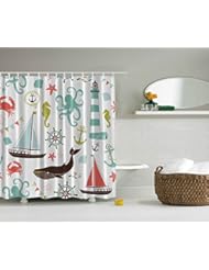 Home: Sea Creatures Rope and Anchor Octopus Scorpion Wheel Helm Crab Marine Lighthouse Seahorse Whale Shark Ocean Home Decor Bathroom Nautical Coastal Fabric Shower Curtain Coral Mint Brown Peach White - Ambesonne