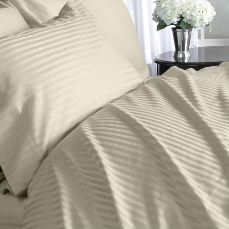LUXOR Egyptian Cotton 800 Thread Count Sateen Stripe Bed Sheet Set Queen - Beige with BONUS White Pillowcase.