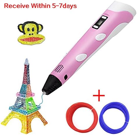 Yingjia 3d Printing Pen Stereoscopic Drawing Pen for 3d Drawing Doodling Pen with LCD Screen,2pcs blue PLA 3d filament 32.8ft/color (pink+2pcs PLA)