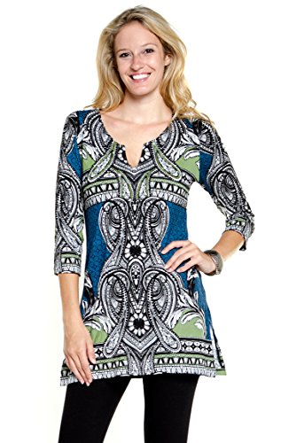Joyous & Free – Blue Border, 3/4 Sleeve Tunic Mini Dress Split V-Neck Collar