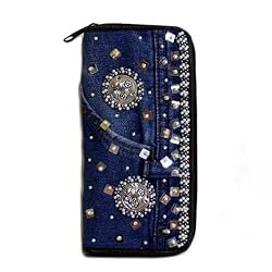 Denim Wallet Silver Beaded Crafted from Vintage Denim, 7 1/2" x 4"