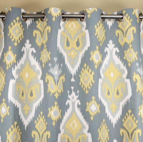 Saffron Yellow, Grey and White Native American Ikat Drape with Blackout Lining, One Grommet Top Curtain Panel 84 inches long x 50 inches wide
