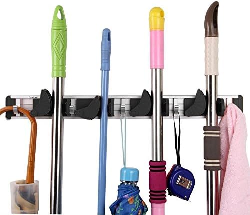 Wall-mounted Broom and Mop Holder Organizer Garage Storage Systems with Hooks (Large, Black)