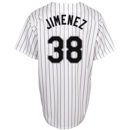 MLB Men's Colorado Rockies Ubaldo Jimenez White/Purple Pinstripes Home Short Sleeve 6 Button Synthetic Replica Baseball Jersey (White/Purple Pinstripes, Small)