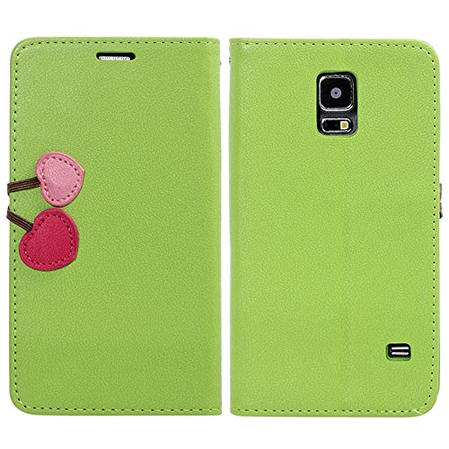 myLife Summer Grass Green - Cherry Heart Design - Koskin Faux Leather (Card, Cash and ID Holder + Magnetic Detachable Closing + Hand Strap) Slim Wallet for NEW Galaxy S5 (5G) Smartphone by Samsung (External Rugged Synthetic Leather With Magnetic Clip + Internal Secure Snap In Hard Rubberized Bumper Holder)