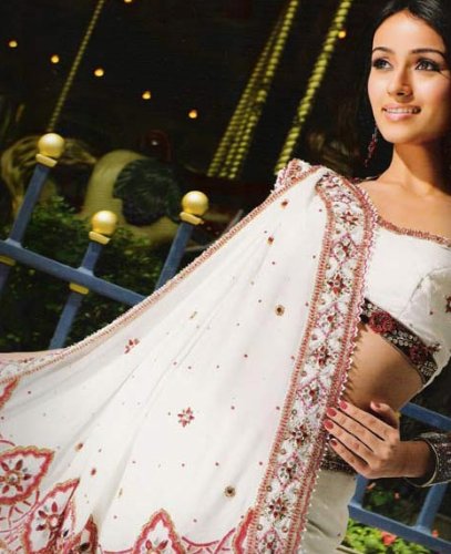 Beautiful Designer Off White Crepe Wrap Dress Saree Sari with Unstitched Blouse