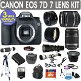 Canon EOS 7D + Canon 18-55mm Lens + Canon 55-250mm Lens + Canon 50mm Lens +500mm Preset Lens + 650-1300mm Lens + .40x Fisheye Lens + 2x Telephoto Lens + Extra Battery + 3 Year Celltime Warranty Repair Contract