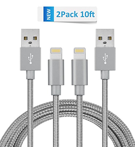 iPhone Lightning Cable Tavastar 2pack 10ft Nylon Braided High Speed lightning Cablefor iPhone 7 7 Plus 6s 6s Plus 6 6 Plus 5s 5c 5, iPad Pro Air iPad mini, iPod touch 5th 6th nano 7th (gray)