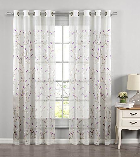 Window Elements Wavy Leaves Embroidered Sheer Extra Wide 54 x 84 in. Grommet Curtain Panel, Lilac by YMF Carpets LLC