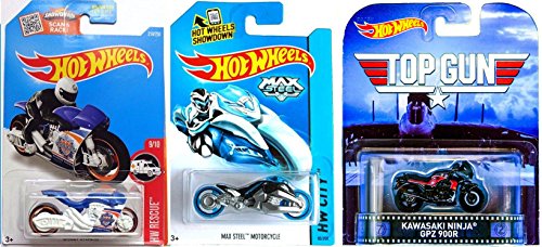 Hot Wheels Top Gun Kawasaki Ninja &amp; Max Steel Motorcycle Tooned Series + Moto Off Road Workshop 3 Cycle Set &amp; 2016 Street Stealth #83 Police HW Rescue Motorcycles