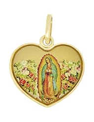 14k Yellow Gold, Colorful Enamel Virgin Mary Guadalupe Heart Pendant 18mm Wide