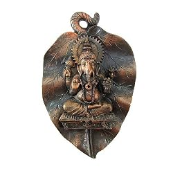 Hindu Deity Ganesh Metallic Look Polyresin Wall Plaque on Leaf Backdrop