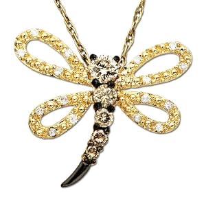 14k Yellow Gorgeous Gold Champagne and White Diamond Dragonfly Pendant