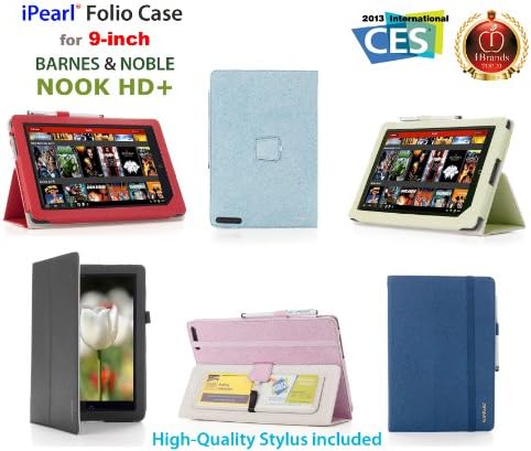 iPearl Leather Folio Cover Case for Barnes & Noble 9-inch Nook HD+ Tablet with 1920x1280 screen resolution (Pink)
