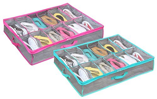 HDS Trading SB49215 Underbed Shoe Organizer Quilted Shoe Box, Pink - 12 Pair
