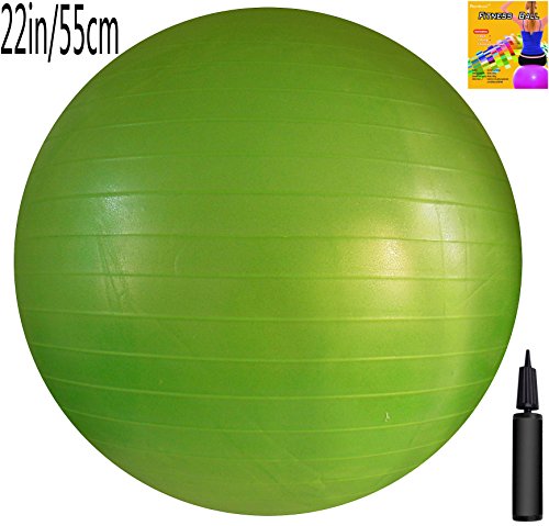 Fitness Ball with Air Pump, Green, 55cm/22in Diameter, Instruction Chart Included, Exercise Gym Swiss Stability Ball