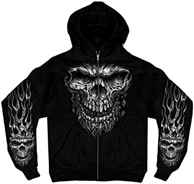 Jumbo Skull and Flames Print Black Hoodie Zip Front Sweatshirt