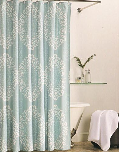 100-Percent Cotton Shower Curtain Aqua Turquoise White Scroll Medallion