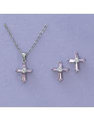 Girls First Communion Necklace & Earrings Set, Pink Crystal Cross Charms