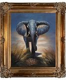 Art Reproduction Oil Painting - Animals: An Elephants Long Journey with Renaissance Bronze Frame - Bronze Finish - 30 X 34 - Hand Painted Framed Canvas Art