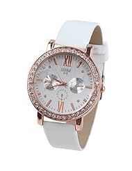 Quartz PU Leather Wrist Watch Analog Watch Timepiece with Rhinestones & 3 Sub-Dials Decor for Woman Lady - White SWWM2-58497