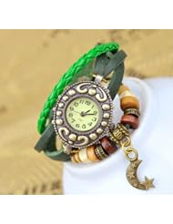 KANO BAK(TM) Vintage Wrap Around Leather Retro Weave Wrap Quartz Bracelet Woman Unisex Star Moon Gift Watch Green