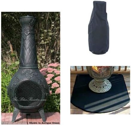 Blue Rooster Grape Style Wood Burning Outdoor Metal Chiminea Fireplace Antique Green Color with Large Cover and Half Round Fire Resistent Chiminea Pad