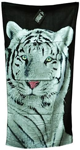 Vibrant Beach or Pool Towel for Adults &amp; Children - White Tiger on Black
