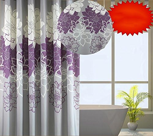 Noemie Hogar Polyester Fabric Purple Peony Waterproof Mould Proof Shower Curtain with Set of 12 Roller Shower Curtain Rings (71-Inch by 79-Inc)